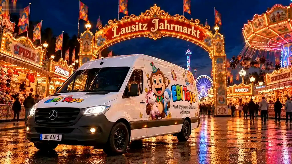 Der EBI-Toys-Sprinter fährt auf den Jahrmarkt, öffnet die Flügeltüren und Ebi trägt einen Karton heraus